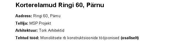 Text Box: 	Korterelamud Ringi 60, Prnu   	Aadress: Ringi 60, Prnu 	Tellija: MSP Projekt	Arhitektuur: Tork Arhitektid	Tehtud td: Monoliitsete rb konstruktsioonide tjoonised (osaliselt)